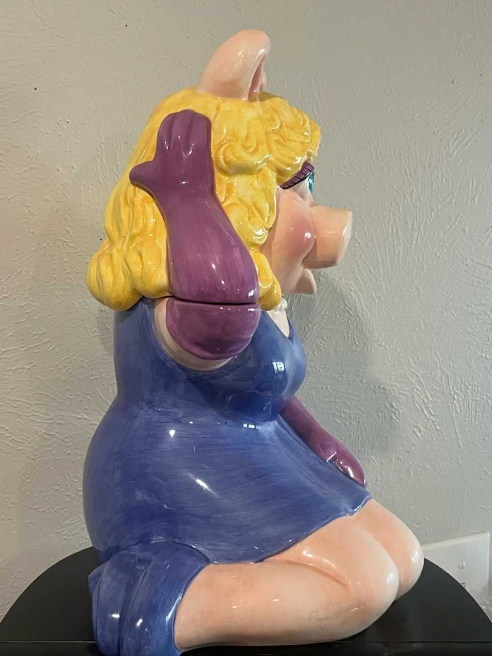 Ceramic Pig Figurine Cookie Jar in Purple Dress - Picture 2 of 4
